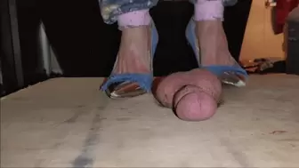 crushing his balls under 3 pairs of high heel shoes full weight and without care!