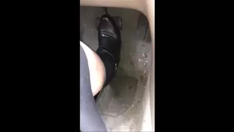 Deb's Black Skirt as She Drives & Pedal Pumps in Dirty Black Boots with Dirty Soles Afterwards