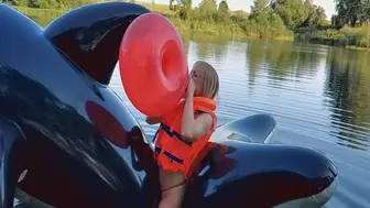 Alla makes a B2P red donut balloon riding a big inflatable whale in the lake!!! (Second part)