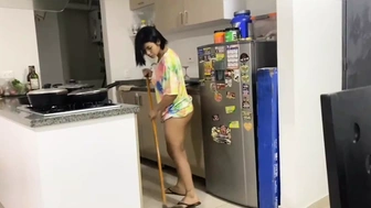 Charming stepmother washes the dishes in her underwear while her son mounts her.