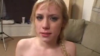 Blonde teenie swallowing penis in rough sex romp