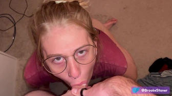 Teeny with glasses deepthroats herself and begs for more! Made him spunk in one min!