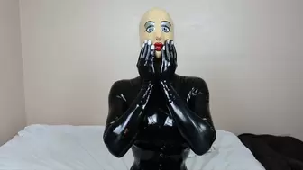 Latex Doll Inflates Rubber Hood Over Double Masked Head Using Tube Hose to Breathe