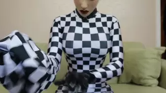 Checkered Zentai Silicone Doll Becomes Kigurumi and Vibrates Herself